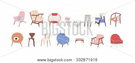Collection Of Trendy Scandinavian Chairs Isolated On White Background. Comfortable Armchair And Styl