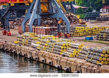 Industrial Goods And Containers With Products In The Marine Port. Sea Transportation Shipping Concep