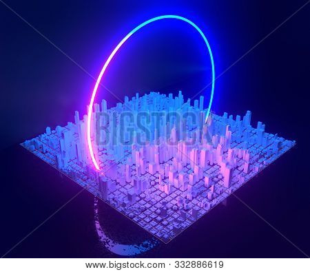 Futuristic Skyscrapers. The Flow Of Digital Data. City Of The Future. 3d Illustration. Neon Noir Lig