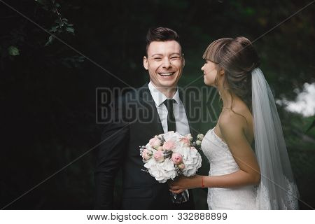 Married Couple Angry Quarreling And Fighting. Fun And Crazy Brides. Bride And Groom Have Fun Walking