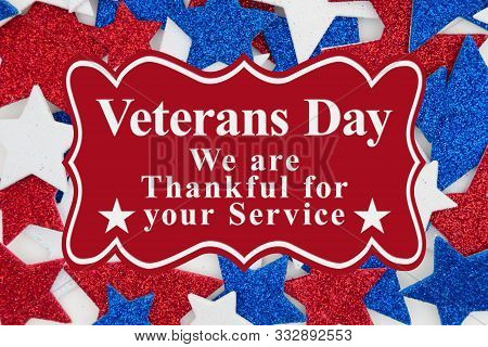 Veterans Day Thank You For Your Service Message With Red, White And Blue Glitter Stars