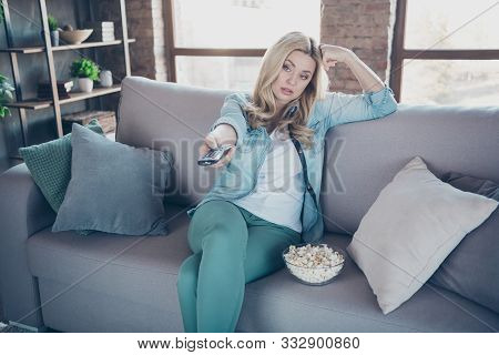 Portrait Of Her She Nice Attractive Lovely Charming Sad Indifferent Bored Wavy-haired Lady Sitting O