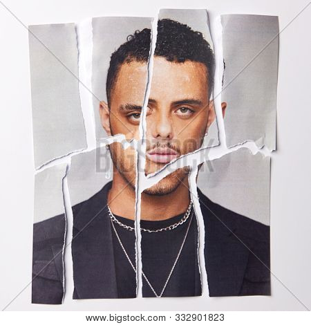 Mental Health Concept With Picture Of Unhappy Man Torn Into Pieces And Rejoined