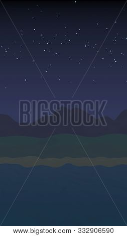 Starry Moonless Sky. Ocean Shore Line With Waves On A Beach. Island Beach Paradise With Waves. Vacat
