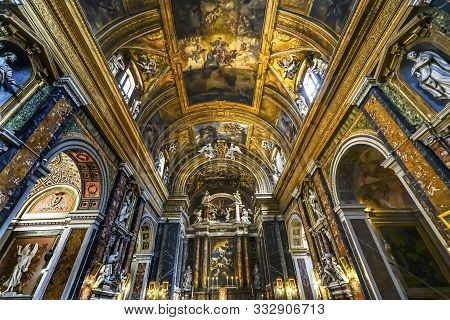 Rome, Italy - March 23, 2019 Altar Statues Frescoes Basilica Jesus And Mary Gesu E Maria Church Rome