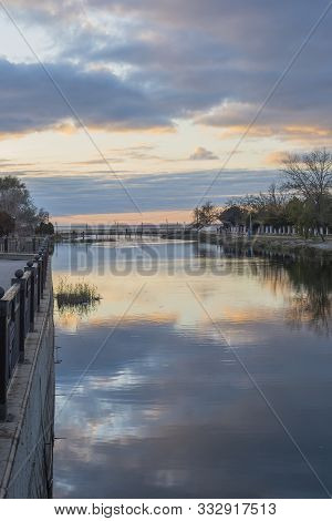 Evening Sky Over The Beach, The River Anapka Flowing Into The Black Sea. Anapa, Krasnodar Krai, Russ