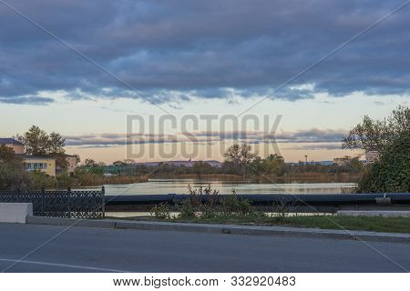 Evening Sky Over The Beach, The River Anapka Flowing Into The Black Sea. Anapa, Krasnodar Krai, Russ