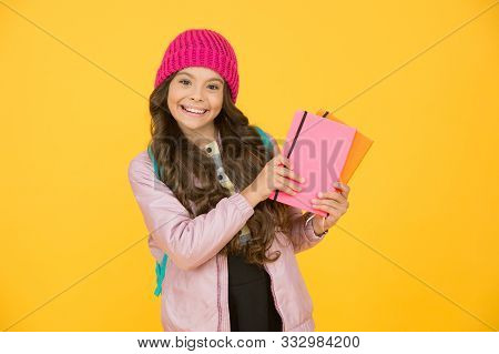 Date With Good Book In Library. Happy Bookworm. Little Girl Borrow Books From School Library. Small 