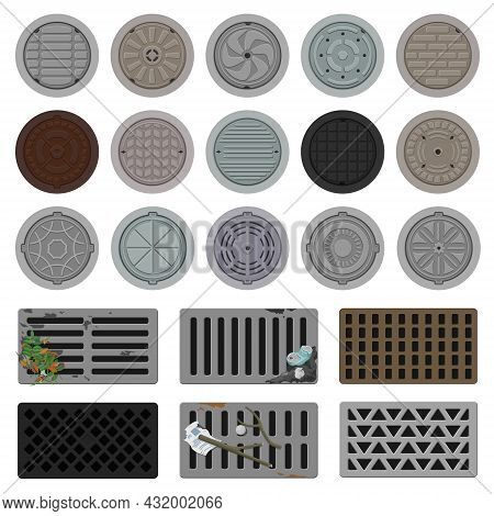 Manhole Sewer Vector Cartoon Icon Set . Collection Vector Illustration Hatch Street On White Backgro