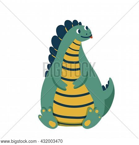 Cute Baby Fat Dinosaur Sitting On His Ass And Showing Tongue, Isolated On White Background. Kid Char