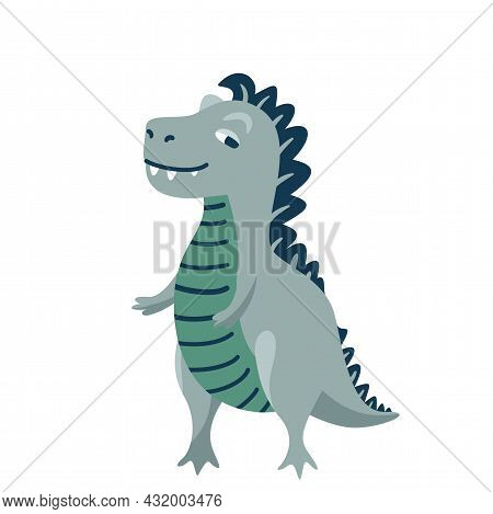 Cute Baby Playful Dinosaur Tyrannosaurus Isolated On White Background. Kid Character Dino Monster Fo
