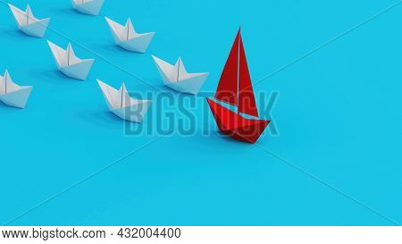 White Paperboats Follow A One Red Paperboat On Cyan Background. Enterprise And Leadership To Lead Th