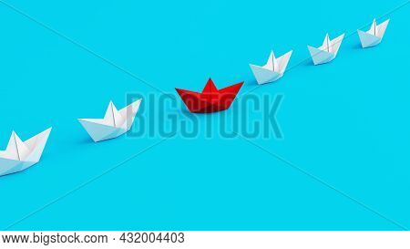White Paperboats In One Direction With One Red Paperboat Changing Direction On Cyan Background. Bein