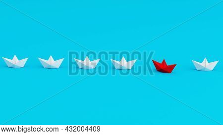 White Paperboats In One Direction With One Red Paperboat Changing Direction On Cyan Background. Bein