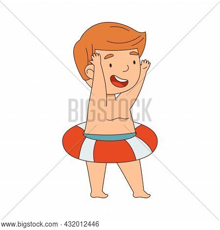 Little Boy Standing With Rubber Ring For Swimming In Water Vector Illustration