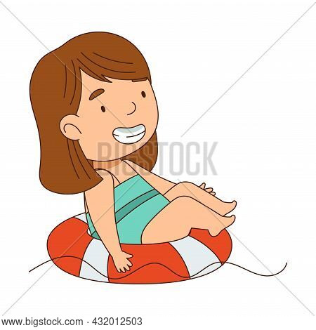 Little Girl Sitting On Rubber Ring And Swimming In Water Vector Illustration