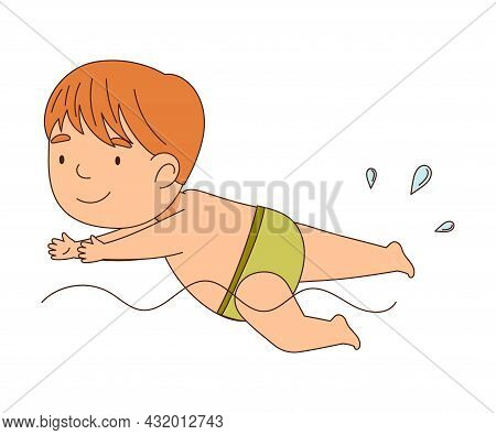 Little Boy In Trunks Swimming In Water Vector Illustration