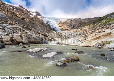 Mountain Glacier In Alpine Valley. Schlaten Glacier, German: Schlatenkees, Hohe Tauern National Park