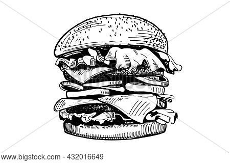 Hamburger On A White Plate Close Up In Detail.