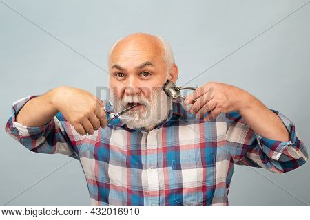 Portrait Of Stylish Hairdresser Bearded Man With Grey Moustache Beard. Bearded Old Man, Bearded Male