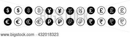 World Currencies. Dollar, Euro, Ruble, Yen, Pound, Rupee. Coin Icons Isolated On White Background. V