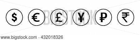 World Currencies. Dollar, Euro, Ruble, Yen, Pound, Rupee. Coin Icons Isolated On White Background. V