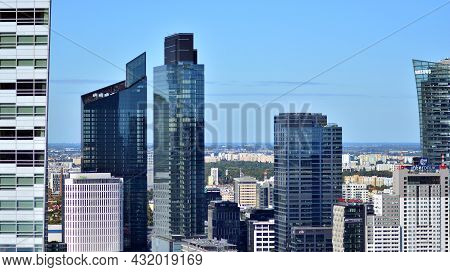 Warsaw, Poland. 5 September 2021. Aerial Cityscape Of Warsaw City From Viewing Tarrace Located On Th