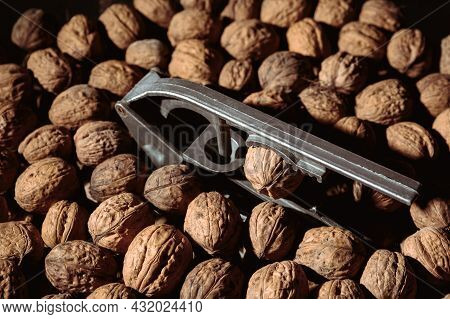 Walnut In A Nutcracker Close-up. Dark Background. Beautiful Background With Food. Healthy Ingredient