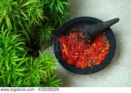 Red Chili Sauce On A Stone Mortar And Pestle. There Is Greenery Beside