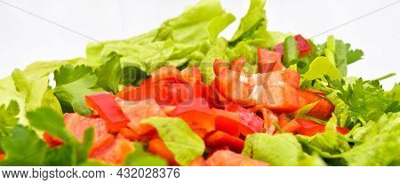 Fresh Raw Green Healthy Lettuce Salad In Glass Plate, Isolated On White Background