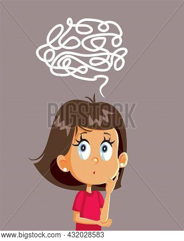 Puzzled Little Girl Solving Logical Problem Vector Cartoon
