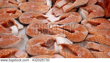 Group Of Salmon Fillets. Close-up Salmon Fillets Texture. Keta Salmon Fishing. Fresh Salmon Chum