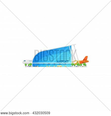 Facade Exterior Of Airlines Terminal, Parking Isolated. Vector Airport Building Modern Glass Constru