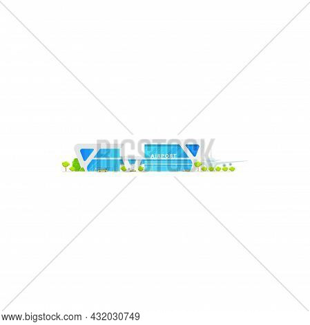 Concourse Airport Terminal Building And Airplanes Isolated Icon. Vector Glass Airport Construction, 