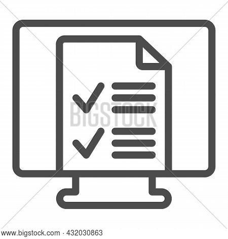 Monitor, Monoblock With File Document With Ticks Line Icon, Documents Concept, Page Vector Sign On W