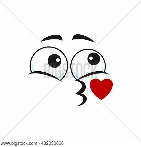 Cartoon Face Send Air Kiss Vector Emoji Kissing Blow Red Heart. Fall In Love Funny Facial Expression