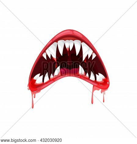 Monster Mouth Vector Icon, Creepy Yelling Alien Beast Jaws With Sharp Teeth And Long Tongue With Dri
