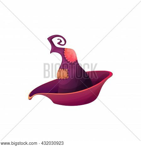 Cartoon Witch Hat Vector Icon, Purple Magician Headwear With Patches, Folded Brims And Curled Tip. H