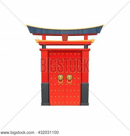 Chinese Gate Architecture, Entrance With Roof In Oriental Style Round Handles Of Lion Hand. Vector C