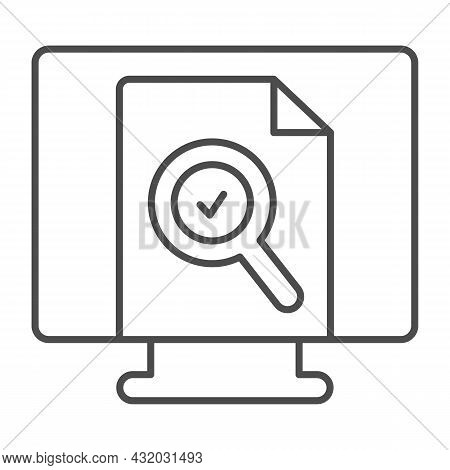 Monitor Monoblock With Document File And Loupe Thin Line Icon, Documents Concept, Web Page Vector Si