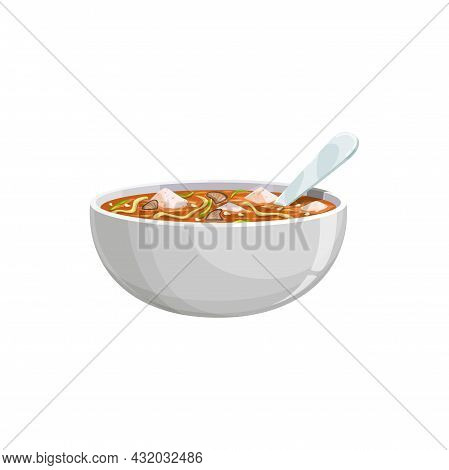 Soup With Soy Noodles And Tofu Cheese In Bowl With Spoon Isolated Asian Dish. Vector Indonesian, Jap