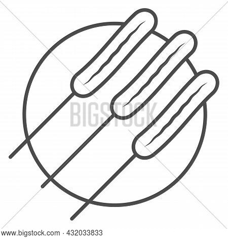 Sausages On Stick Thin Line Icon, Asian Food Concept, Sausage On Skewers Vector Sign On White Backgr