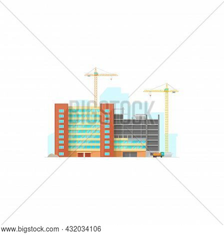 Building Of Urban Residential House Isolated Construction Site Icon. Vector Lifting Cranes And Truck