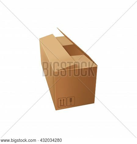 Blank Paper Box Isolated Cardboard Package With Fragile Sign And Top Arrows Icon. Vector Realistic P