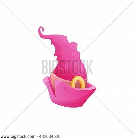 Cartoon Witch Hat Vector Icon, Pink Magician Headwear With Gold Round Buckle And Hatband. Halloween 
