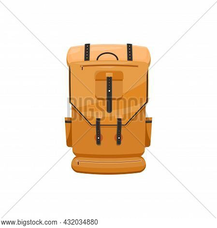 Trekking Backpack Isolated Orange Rucksack With Straps Lacing, Haversack Icon. Vector Knapsack, Hiki