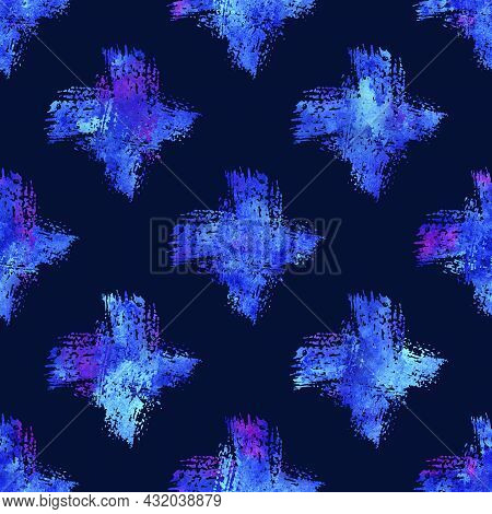 Watercolor Brush Cross Seamless Pattern Grange Geometric Design In Blue Color. Modern Grung Collage 