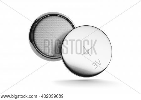 Close-up Button Lithium Cell Cr2032 Battery Isolated On White Background. 3d Rendering Illustration.