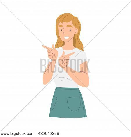 Smiling Woman Character Pointing With Index Finger As Hand Gesture Vector Illustration