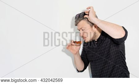 Alcohol Degustation. Expensive Drink. Strong Beverage. Drinking Habit. Surprised Amazed Man Smelling